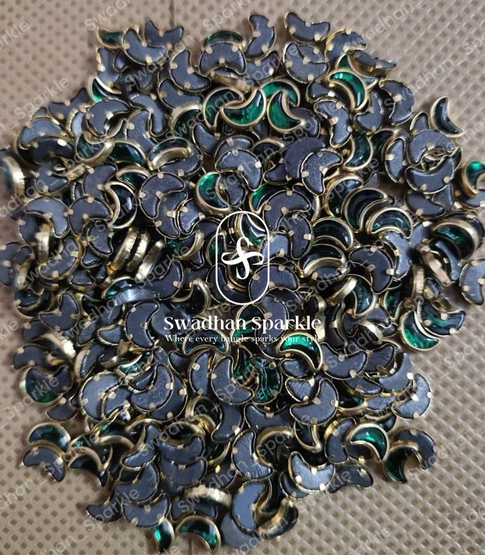 Moon Dark Green Colour Glossy Kundans Moon Dark Green Colour Glossy Kundans - Image 1